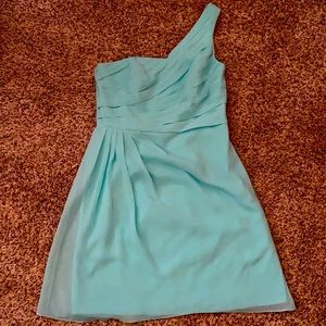 One shoulder, short, spa blue bridesmaid dress